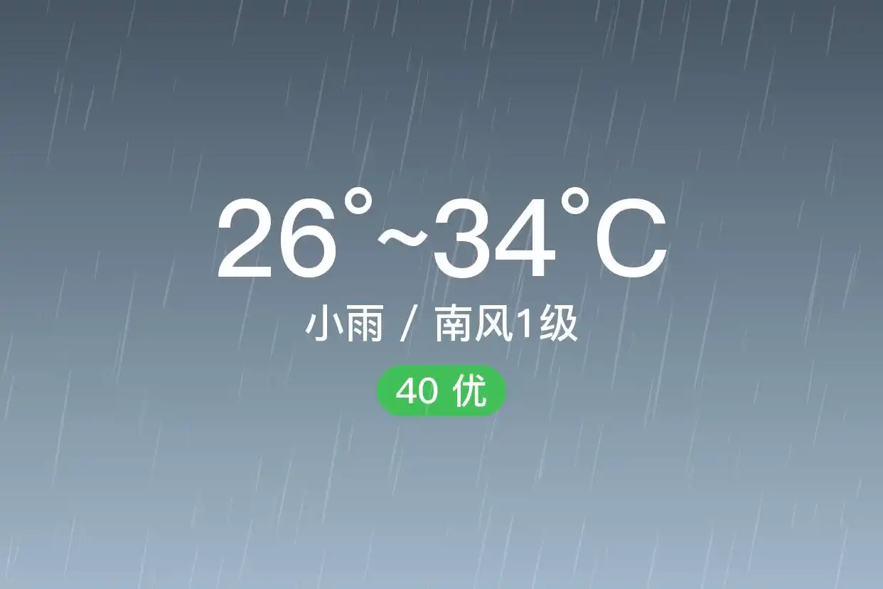 「上海杨浦」9/12，小雨，26~34℃，南风1级，空气质量优