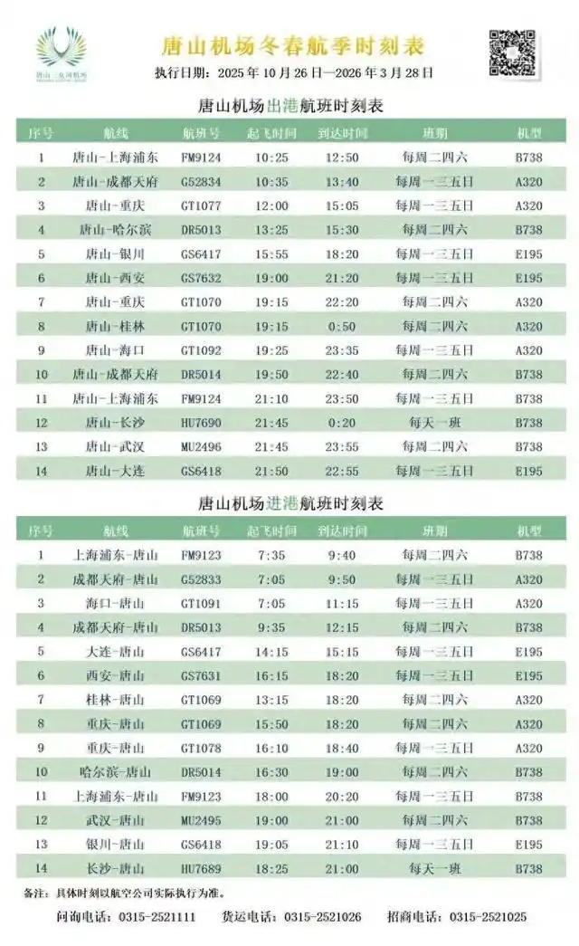 航班时刻调整！唐山机场最新消息